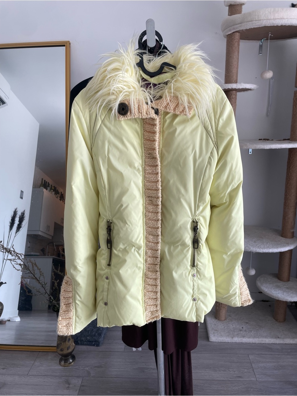 Miss Sixty Pale Yellow Puffer Jacket with Faux-Fur Trim